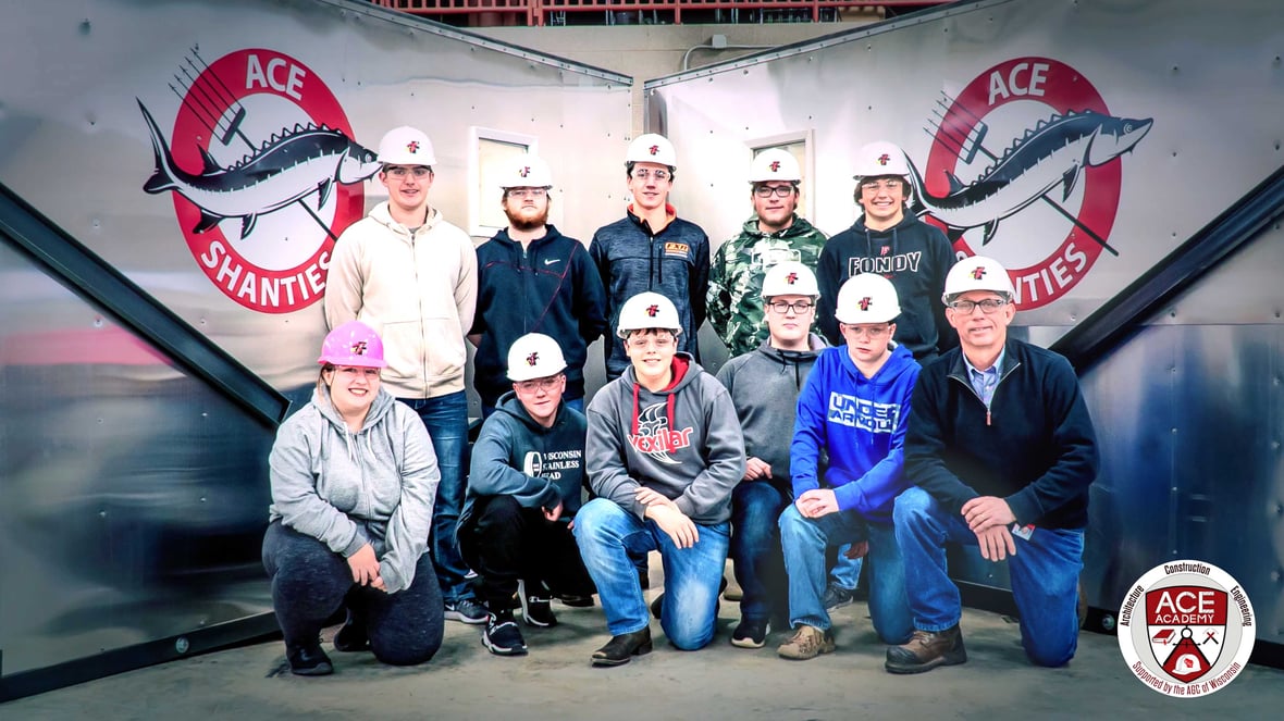 Finished sturgeon spearing shanty built by ACE Academy students as part of the annual hands-on Shanty Build project in Wisconsin.
