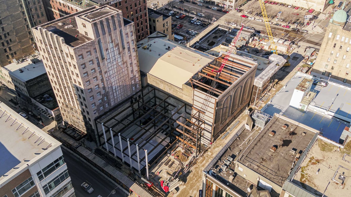 Aerial drone view of the completed historic wall move and masonry extending out to expand the stage on the Milwaukee Symphony Orchestra project