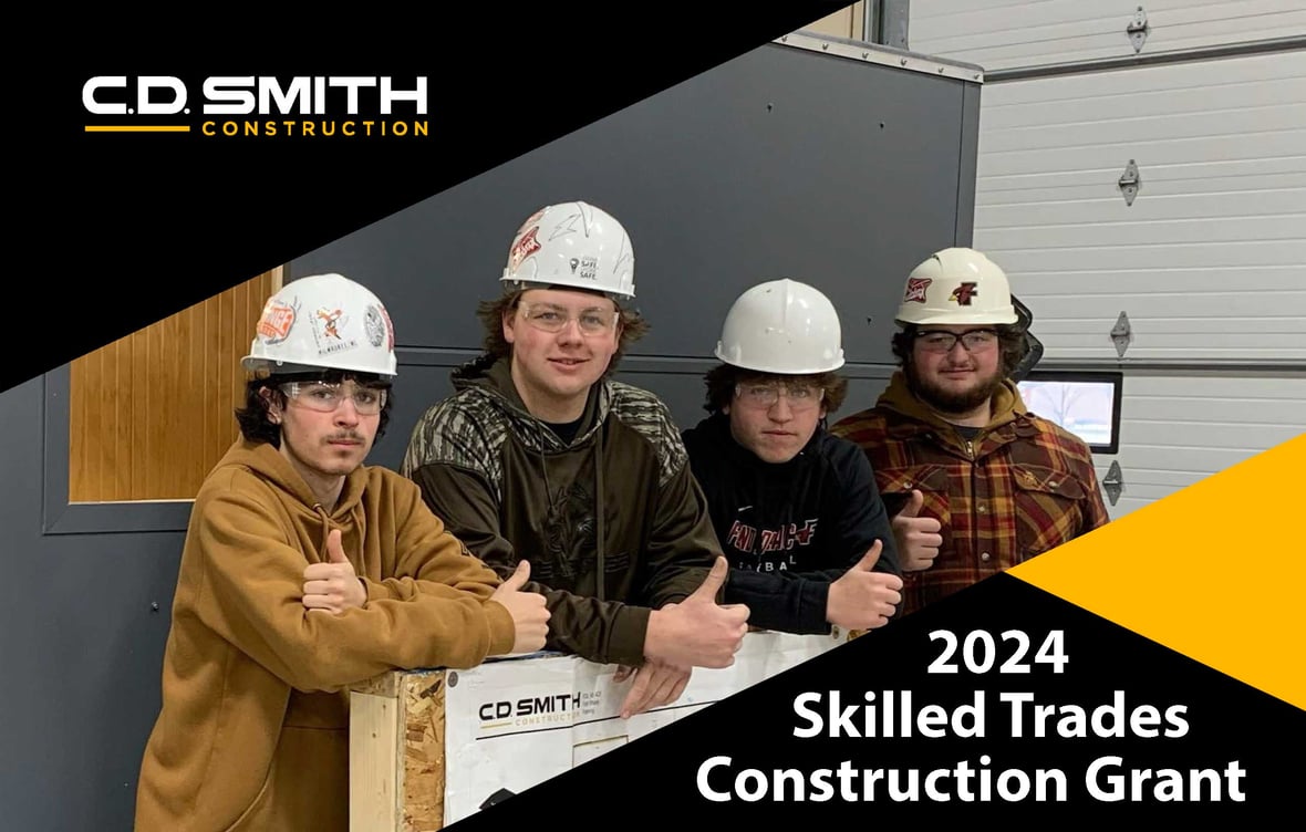 Fond du Lac Wisconsin High School Students in front of construction project with headline for 2024 skilled trades construction grant