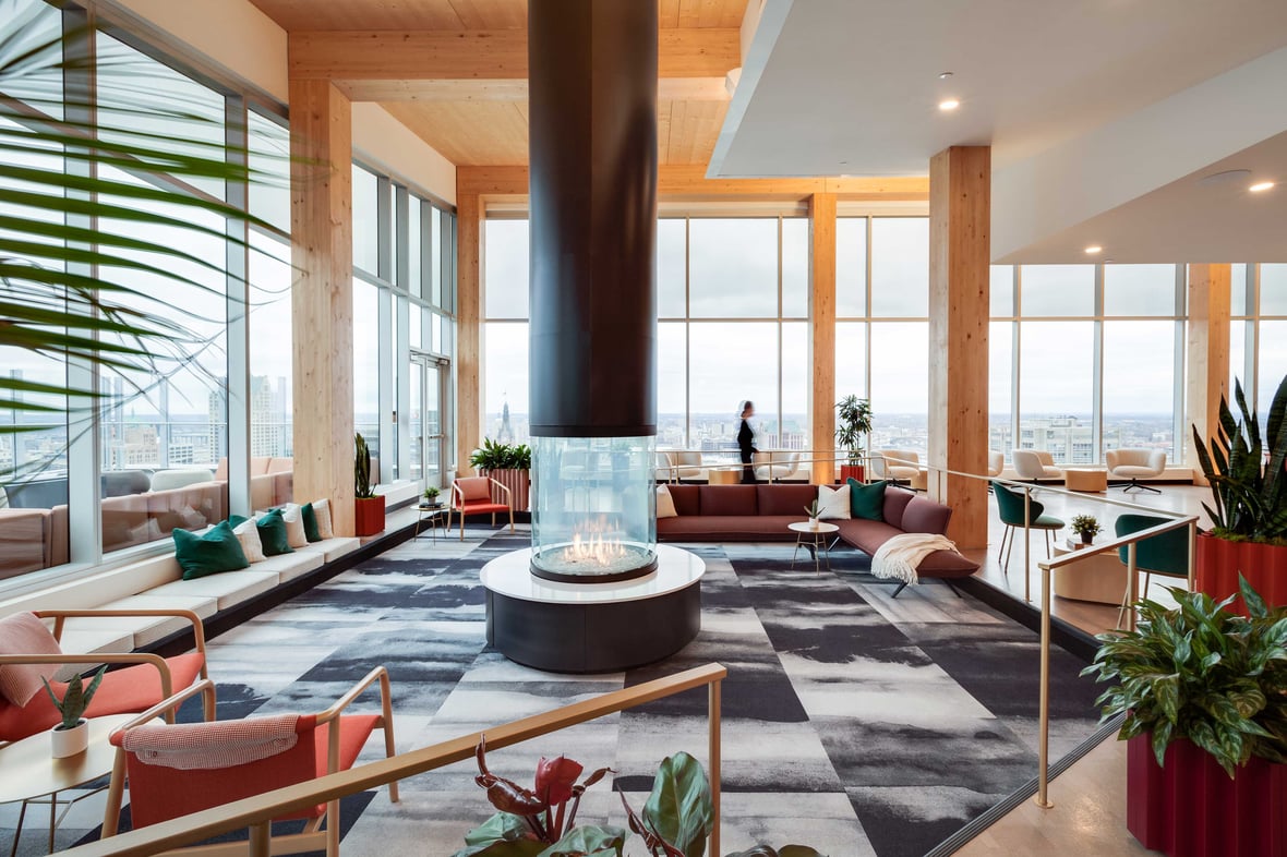 Ascent MKE Mass Timber Building Interior Photography of living room fireplace for IB Commercial Design Award Article