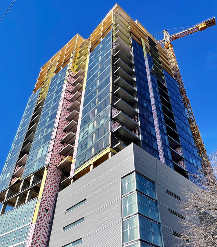 Ascent mass timber tower construction when topping off with CD Smith in Milwaukee Wisconsin