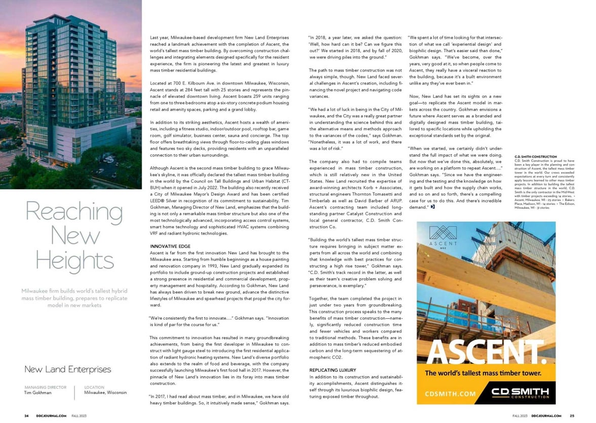 Mass timber building Ascent MKE constructed by C.D. Smith feature picture of exterior in Design Develop Construct DDC Journal