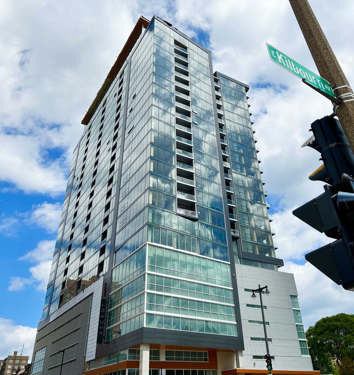 Ascent Mass Timber Tower exterior photo from Kilbourn Avenue in Milwaukee Wisconsin