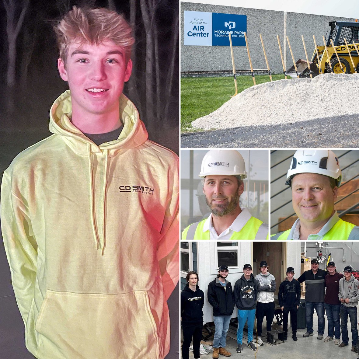 Youth apprentice Austin Loehr with CD Smith Construction at Moraine Park AIR Center project with jobsite superintendents