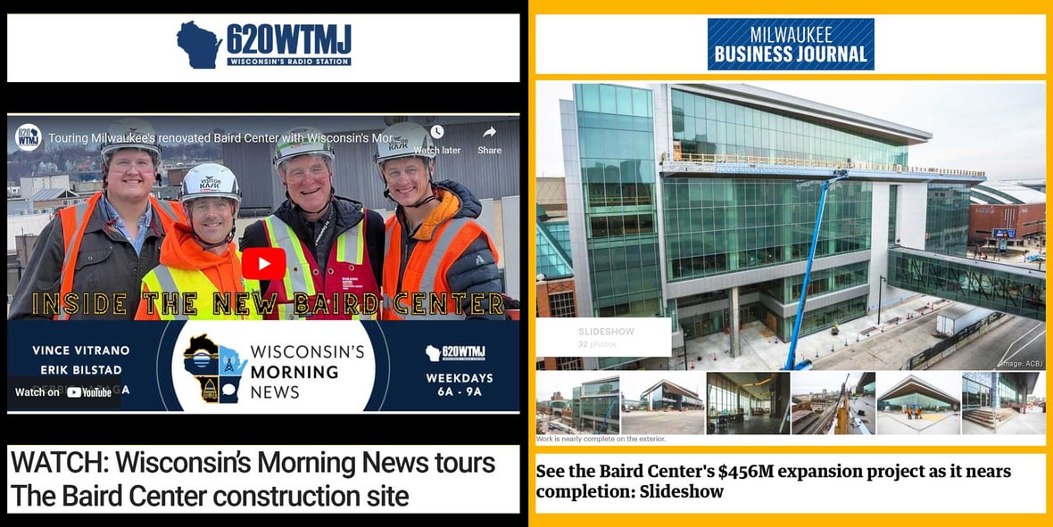 Baird Center Expansion Construction Project Feature Images for WTMJ Wisconsin Radio Station Video Tour and Milwaukee Business Journal Article