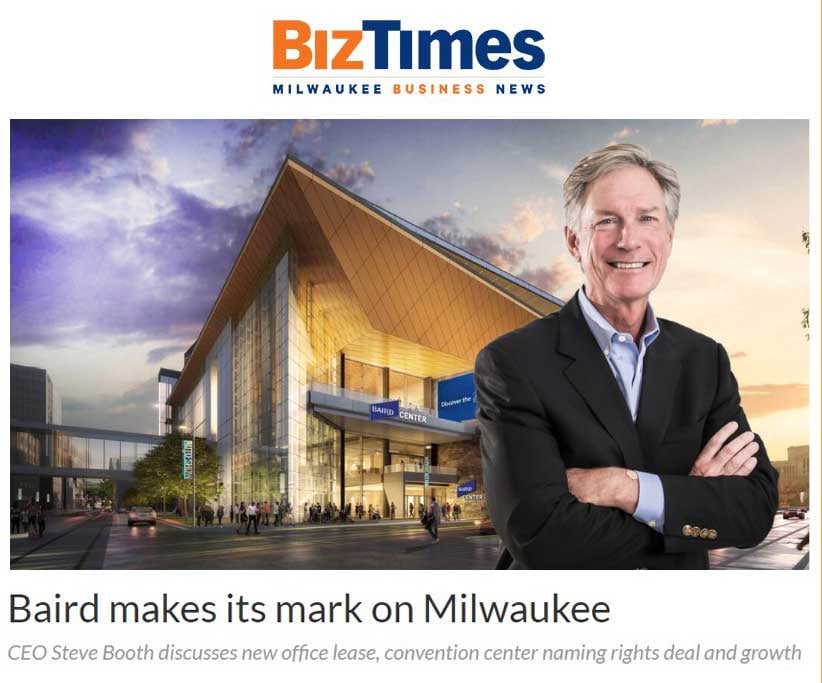 Rendering of Wisconsin Center Expansion Project now named Baird Center with Baird CEO for Milwaukee BizTimes Article sharing by CD Smith Construction