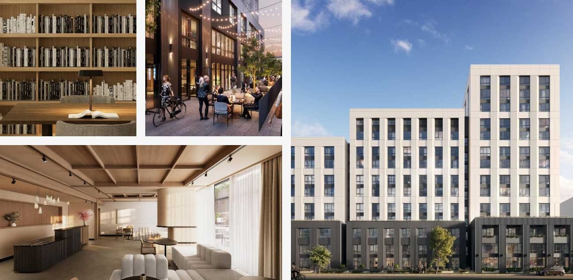 Community spaces and exterior view of Bakers Place, a mass timber apartment building in Madison, Wisconsin, showcasing sustainable construction and wellness-focused amenities.