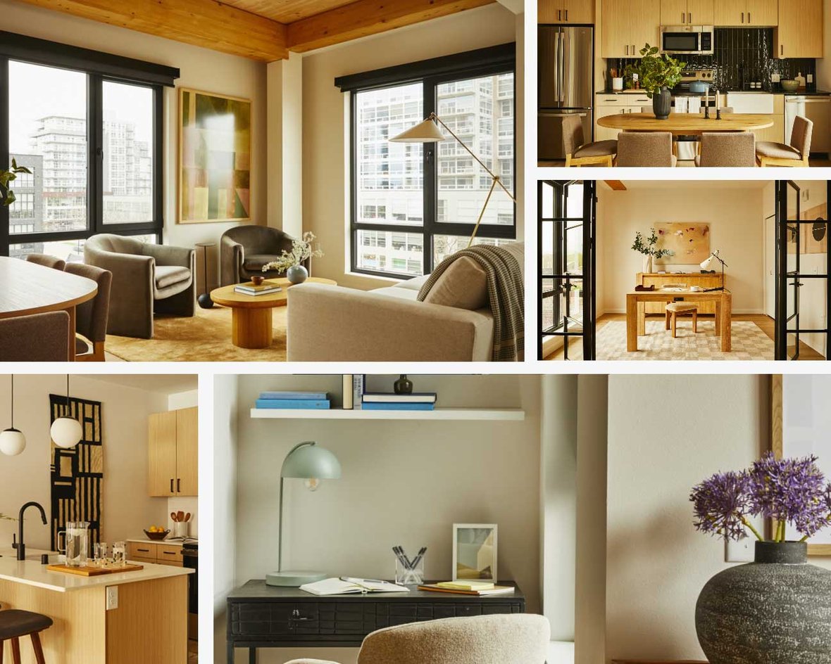 Modern interiors at Bakers Place, Madison’s first mass timber high-rise, featuring exposed timber ceilings, natural light, and wellness-centered apartment design in Wisconsin.