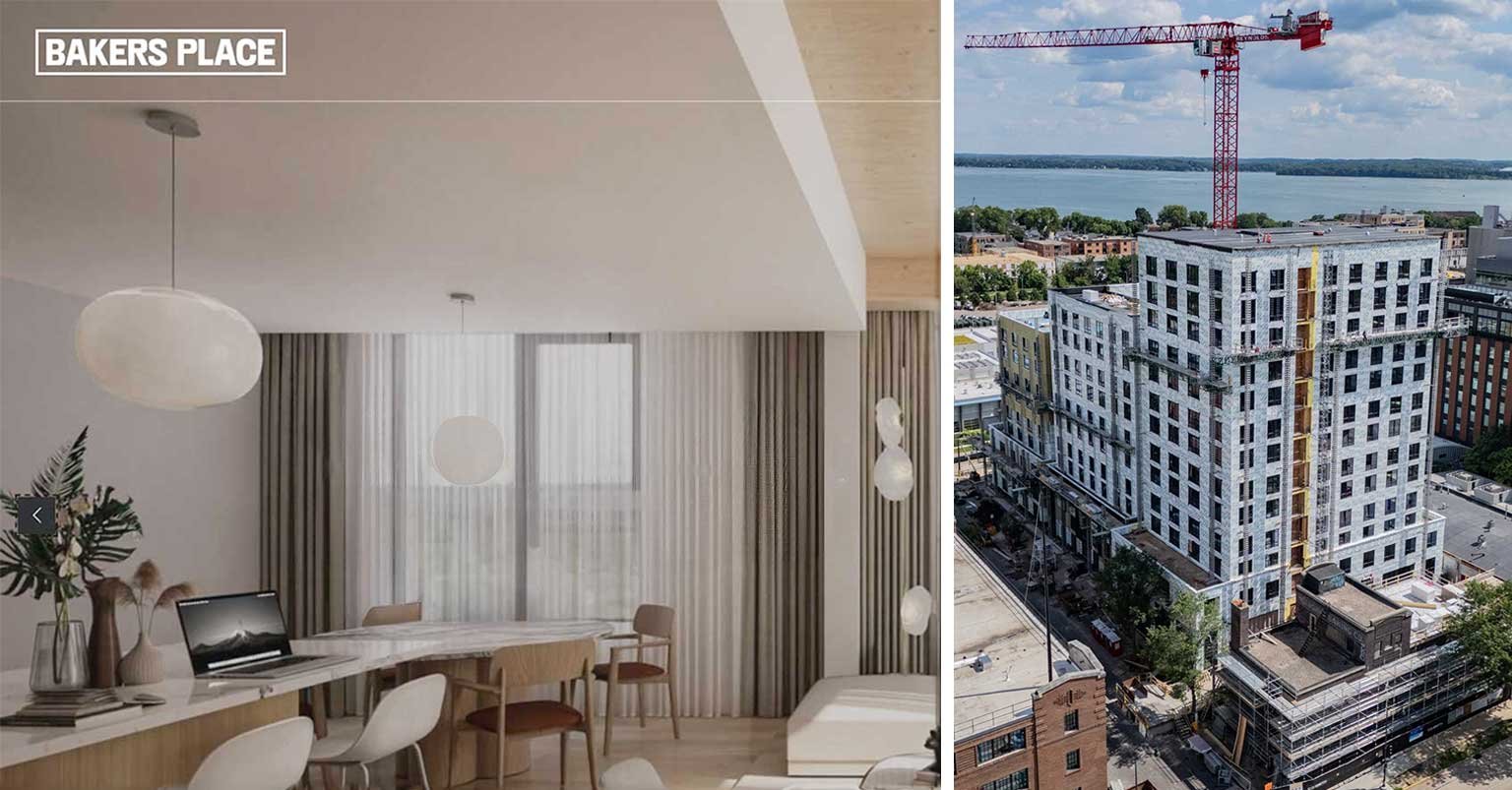 Collage showing Bakers Place luxury apartment interiors and construction progress in Madison, Wisconsin,  highlighting mass timber mixed-use development and sustainable construction management.