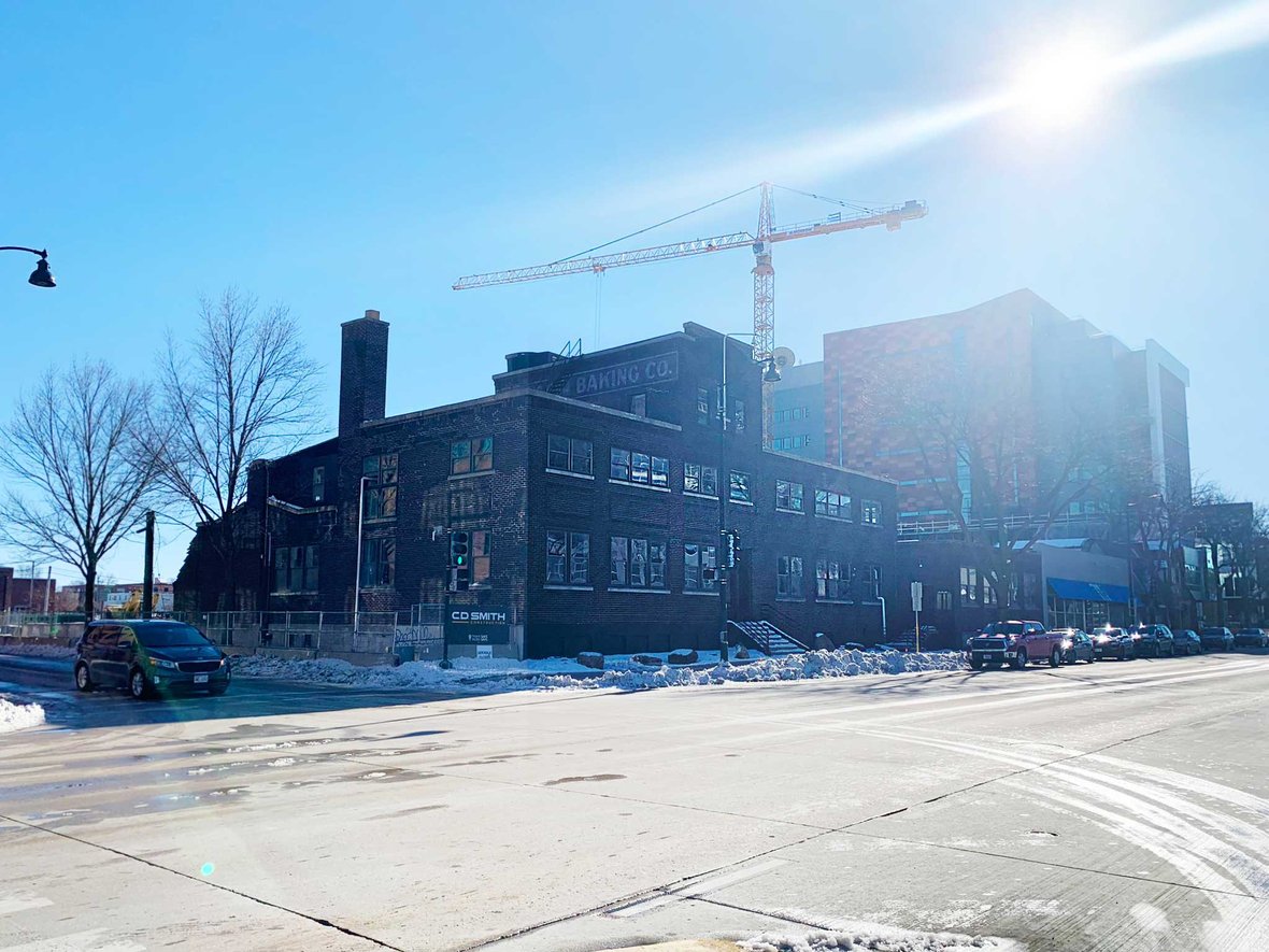 photo of Bakers Place mass timber construction site from street in Madison, Wisconsin
