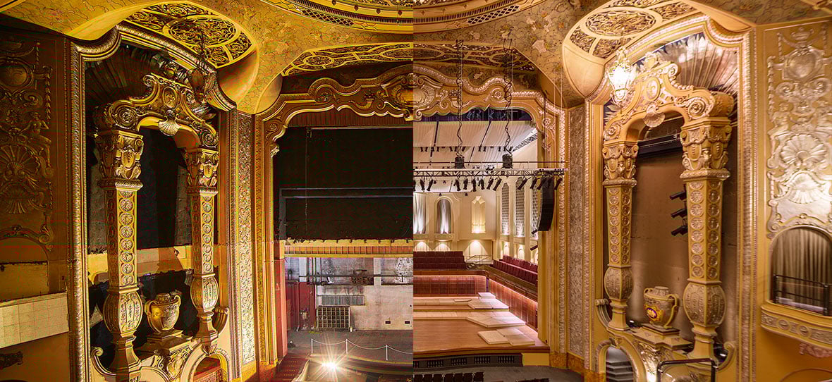 Theater Stage Before and after photos Milwaukee Symphony Orchestra historic restoration construction project theater + stage Warner Grand Theatre Bradley Symphony Center