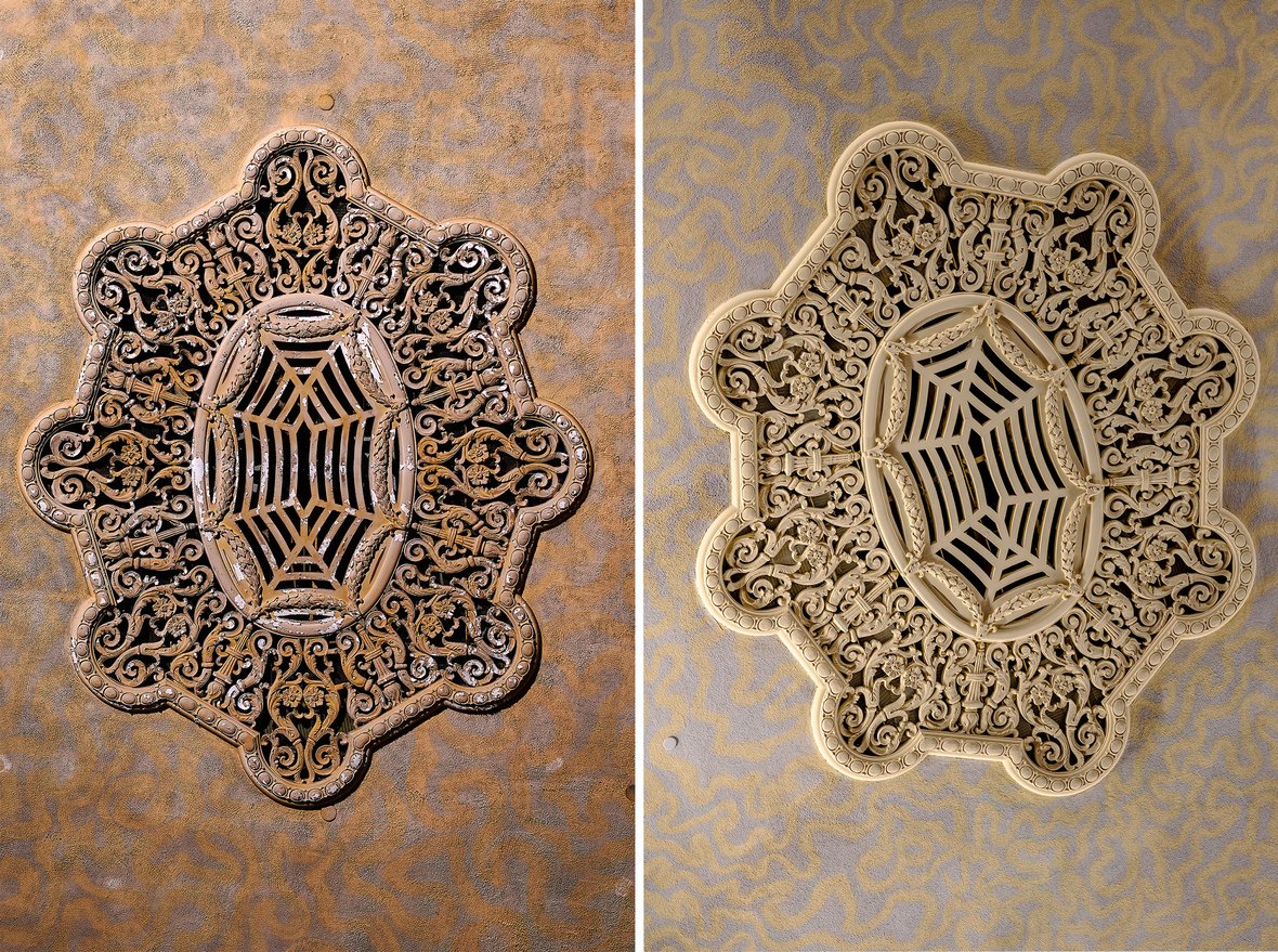 Historic theater ceiling before and after photos Milwaukee Symphony Orchestra historic restoration construction project theater + stage Warner Grand Theatre Bradley Symphony Center