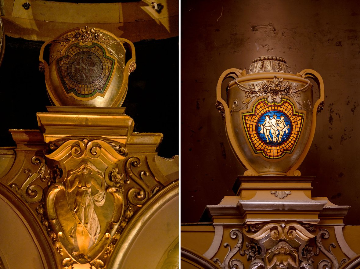 Historic theater ceiling before and after photos Milwaukee Symphony Orchestra historic restoration construction project theater + stage Warner Grand Theatre Bradley Symphony Center