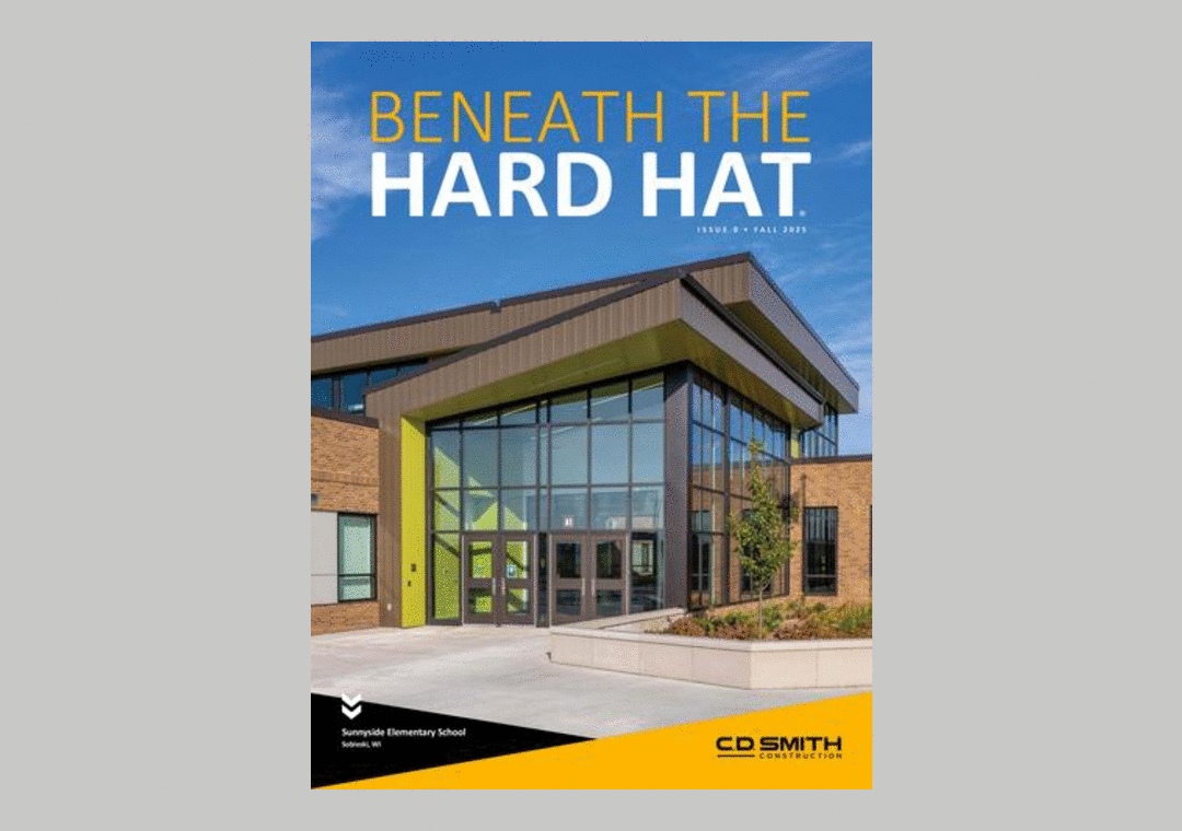 GIF preview of Beneath the Hard Hat Magazine Issue 9 Fall 2025 by C.D. Smith Construction, showing a fast-flipping sequence of all 20 pages including K-12 school projects, public safety facilities, sustainability features and industry insights.