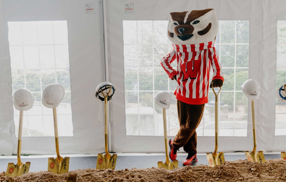 Bucky the Badger with shovels at University of Wisconsin-Madison Groundbreaking with CD Smith Construction for College of Letters & Science Levy Hall