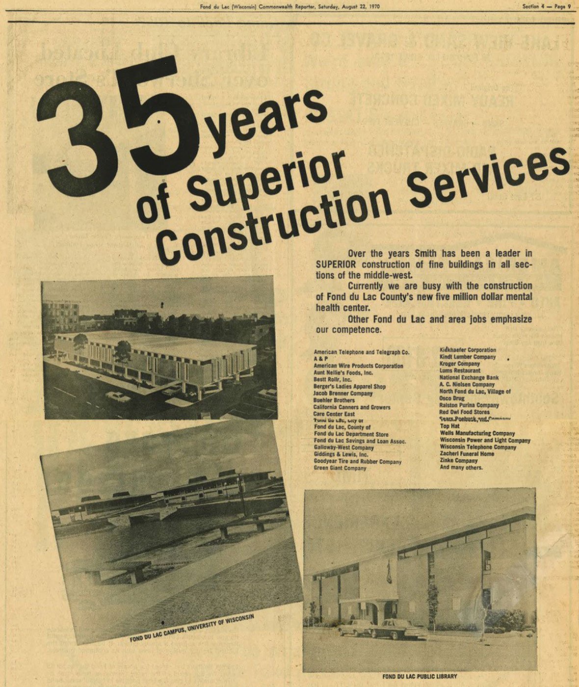 C.D. Smith Construction Manager vintage ad celebrating 35 years as middle-west general contractors of fine buildings.