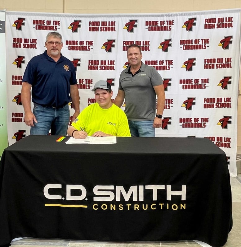 CD Smith Construction at Fond du Lac High School ACE Academy Apprenticeship Signing Day with Hunter Habersat signing with Local 34