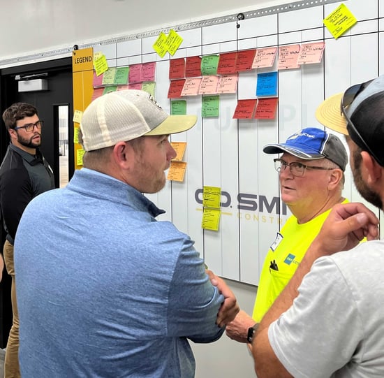 CD Smith Construction Project Group using LEAN Pull Planning approach with Post-Its on whiteboard