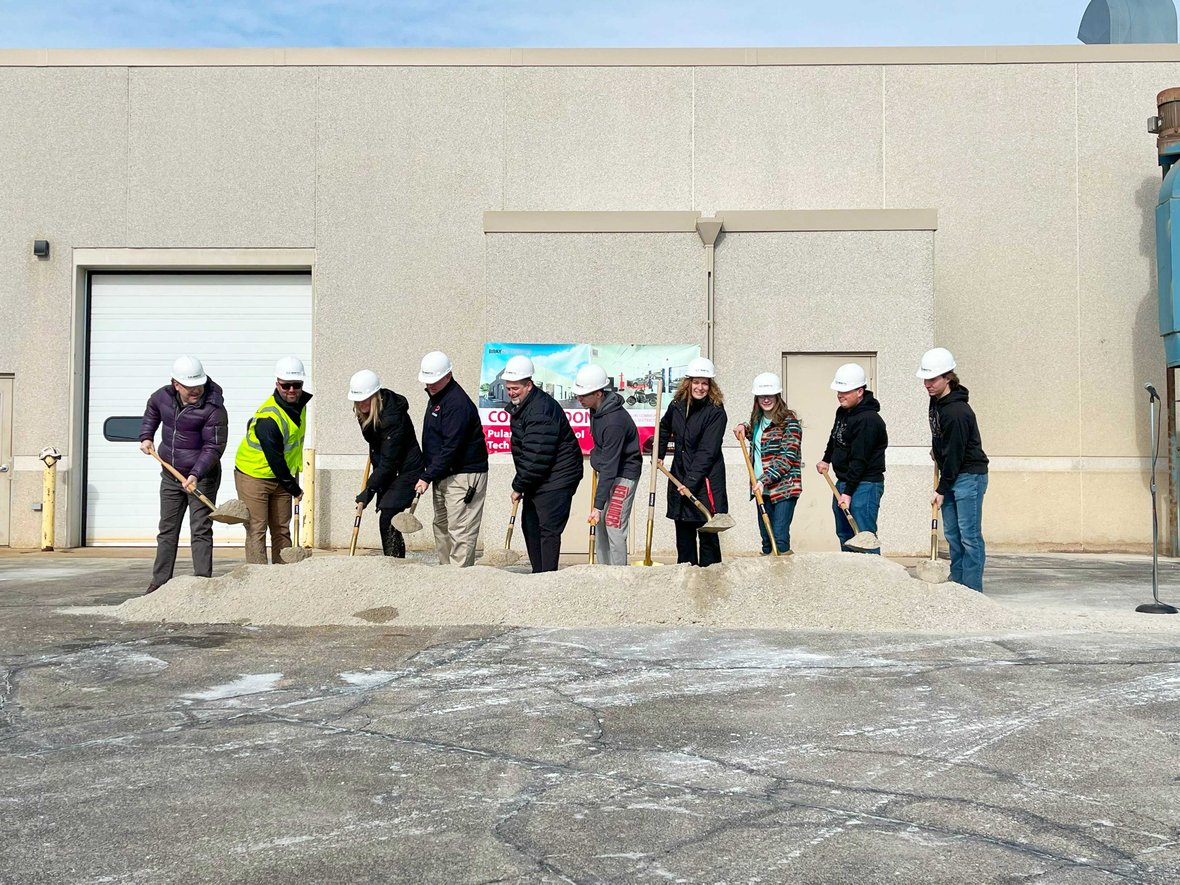 Superintendent students and project team with shovels and CD Smith Construction hard hats at Pulaski High School Tech Ed Addition Project Groundbreaking