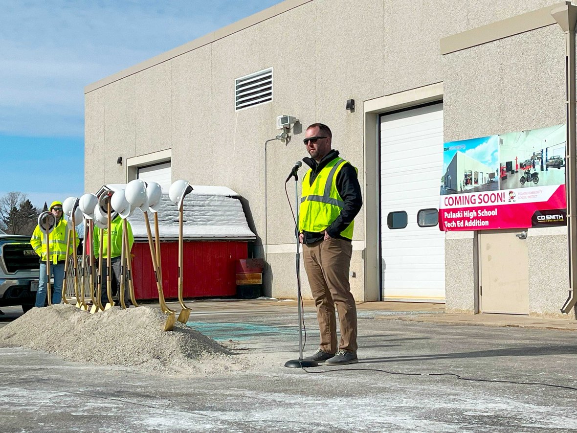 CD Smith Construction project manager Andy Smedberg speaking at Pulaski High School Tech Ed Addition Project Groundbreaking