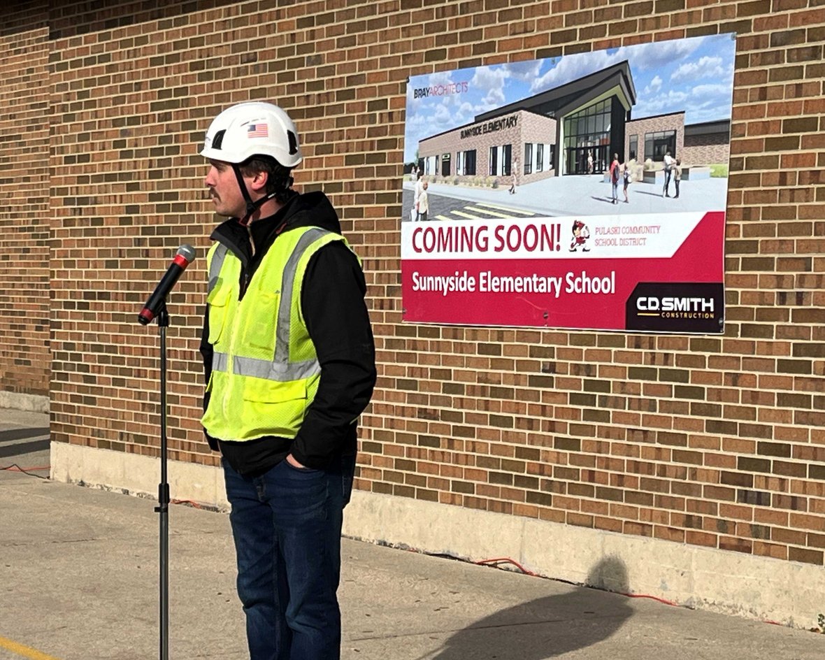 CD Smith Construction project manager Marc McGuire speaking at Pulaski School District Sunnyside Project Groundbreaking