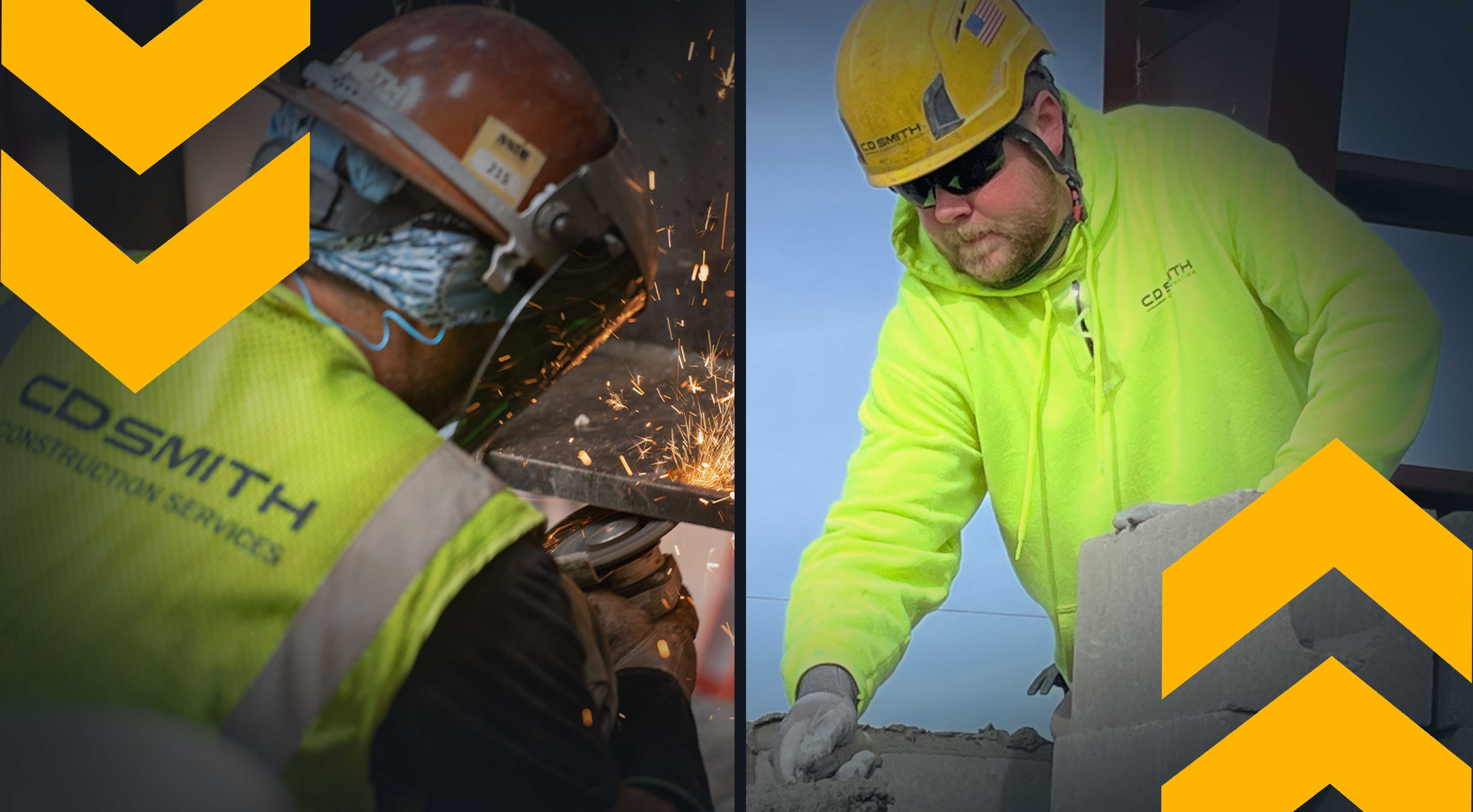 CD Smith Construction skilled trades workers - welder and mason with blocks and steel beams building commercial projects