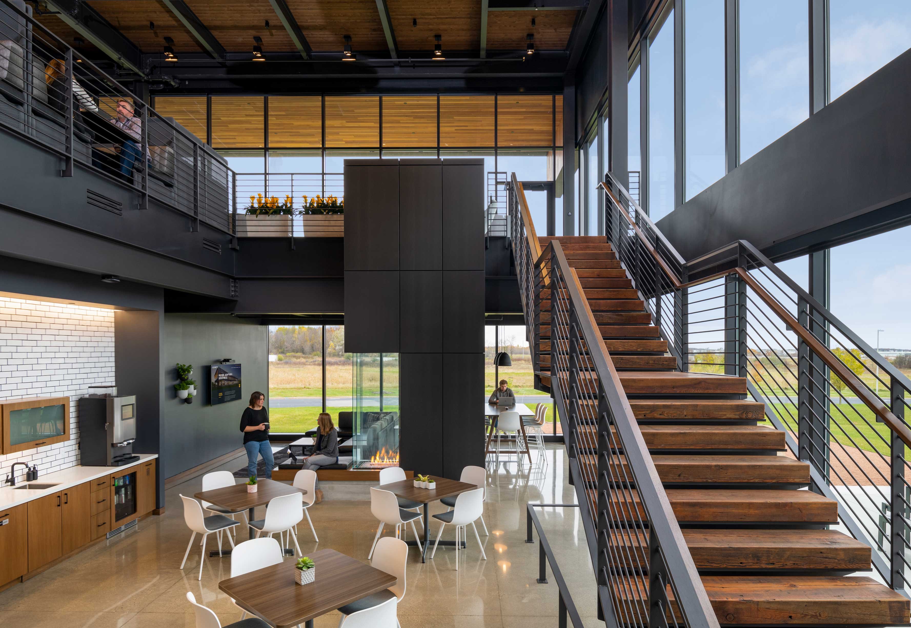 CD Smith Corporate Office interior photo of cafe and stairs in Fond du Lac Wisconsin