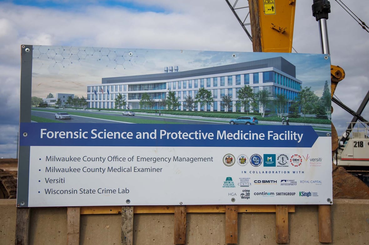 Project Rendering of building at groundbreaking ceremony for the Forensic Science and Protective Medicine Facility project construction with CD Smith
