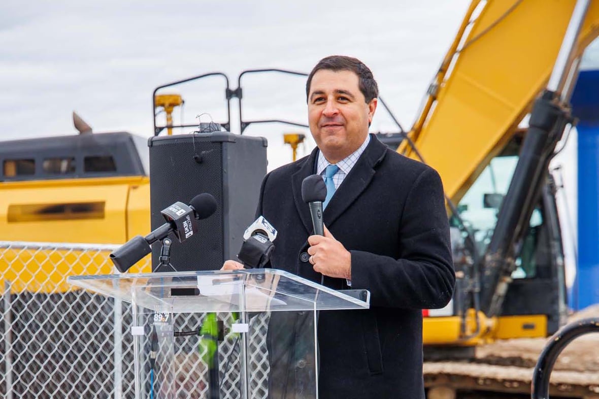 Attorney General Josh Kaul speaking at groundbreaking ceremony for the Forensic Science and Protective Medicine Facility project construction with CD Smith