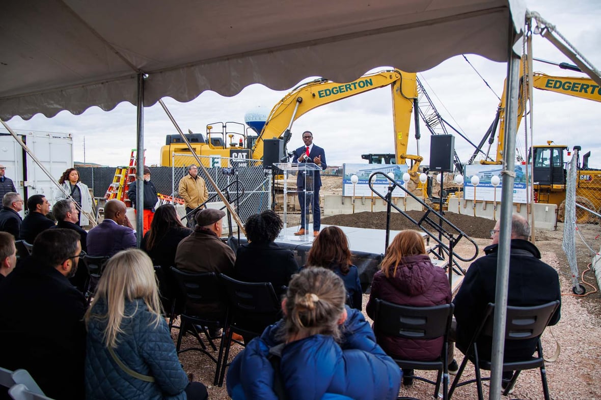 Milwaukee County Executive David Crowley speaking at groundbreaking ceremony for the Forensic Science and Protective Medicine Facility project construction with CD Smith