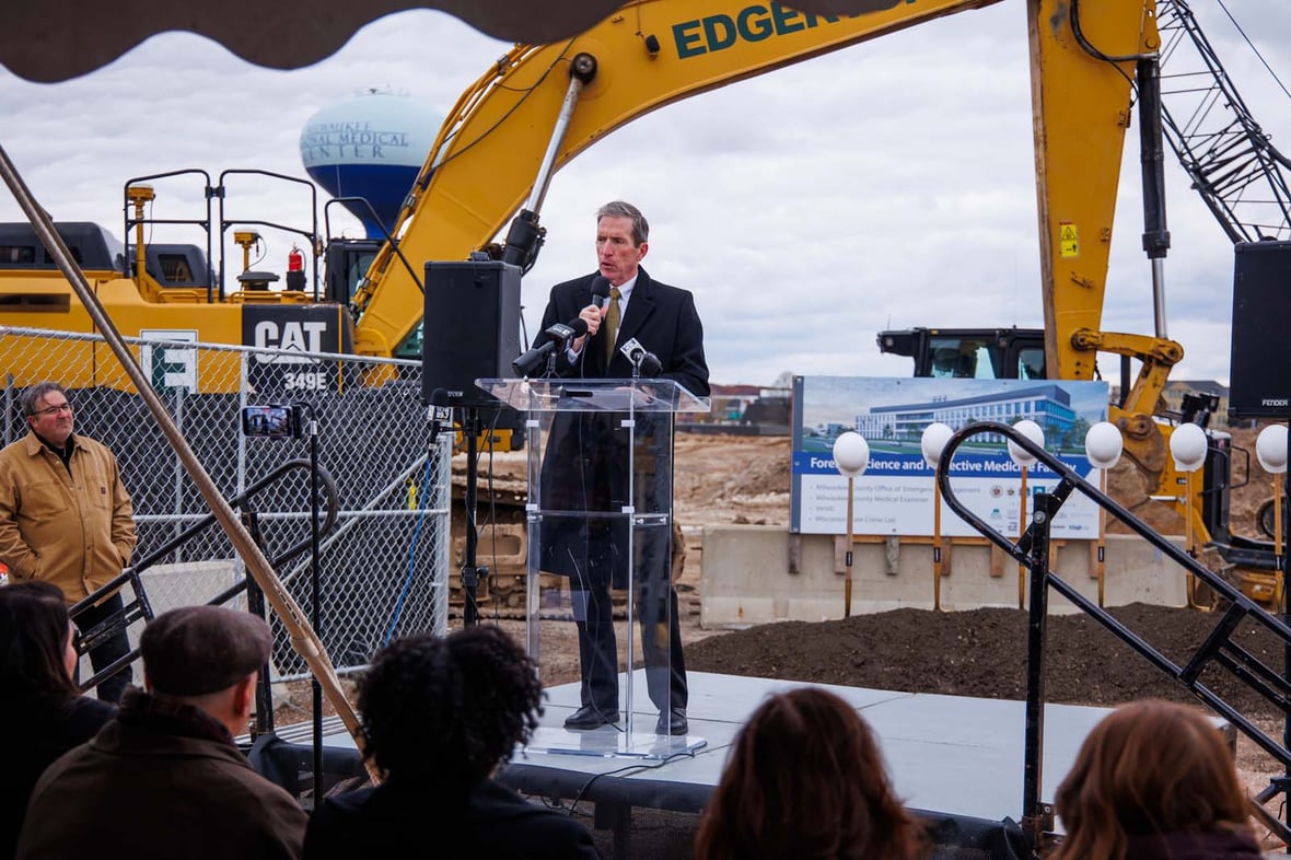 City of Wauwatosa Mayor Dennis McBride speaking at groundbreaking ceremony for the Forensic Science and Protective Medicine Facility project construction with CD Smith