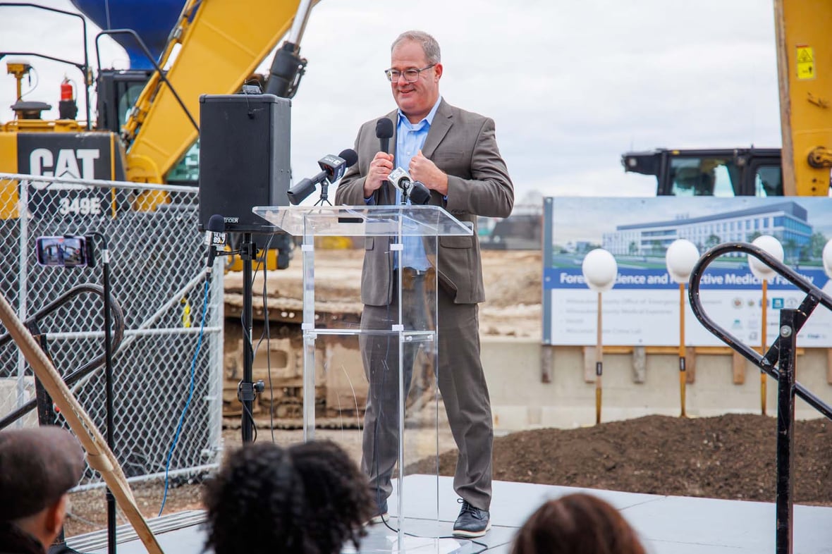 CD Smith Construction Mike Krolczyk speaking at groundbreaking ceremony for the Forensic Science and Protective Medicine Facility project