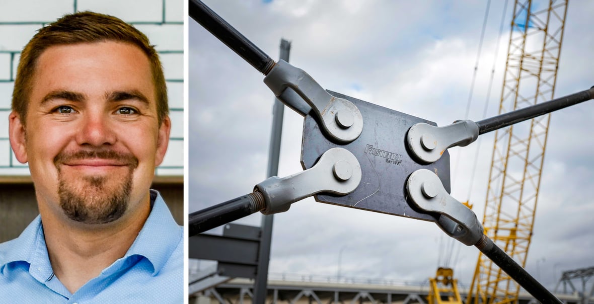 C.D. Smith Project Executive Cory Henschel headshot next to detail of Fastenal X-bracing with construction crane in background at new office site