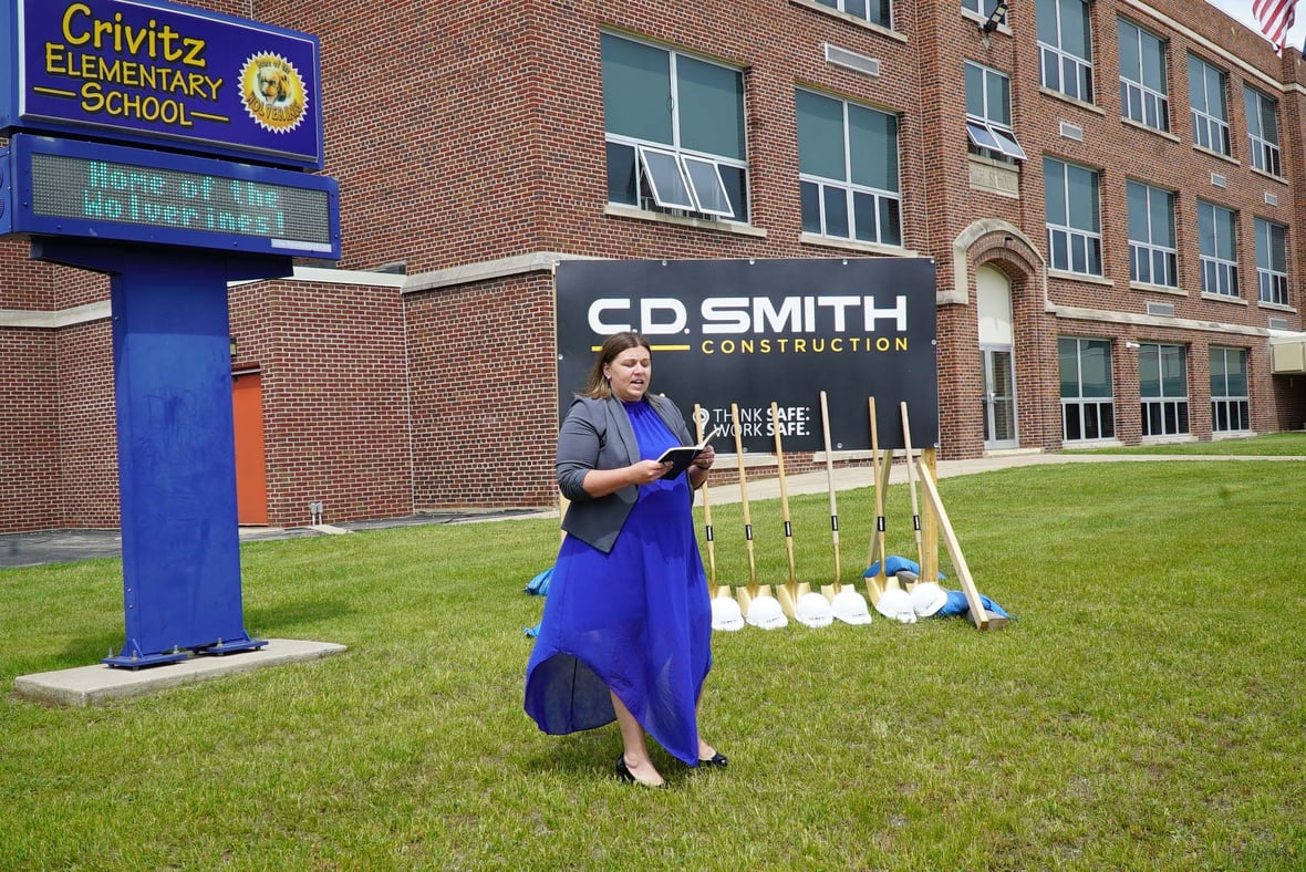 Crivitz School District Superintendent Kelly Robinson delivering remarks at the Crivitz Elementary School construction groundbreaking ceremony