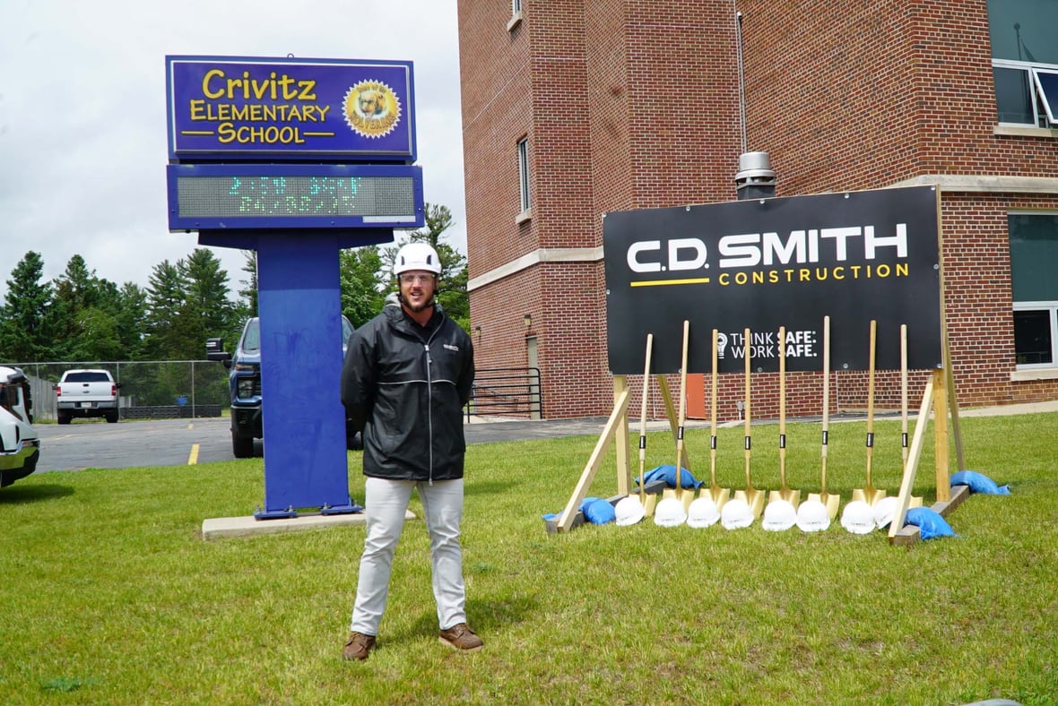 C.D. Smith Construction’s Nick Bloch speaking to the community during the Crivitz Elementary School renovation groundbreaking event