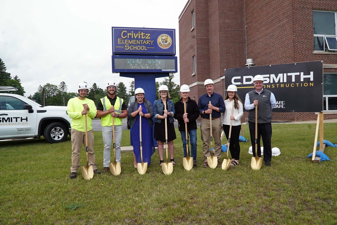 Crivitz Elementary School project team with ceremonial shovels celebrating the start of school construction in Wisconsin