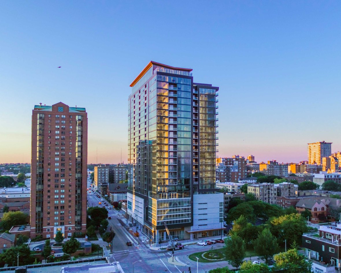 Drone photo of Ascent tower, world's tallest hybrid mass timber building, in Milwaukee Wisconsin.