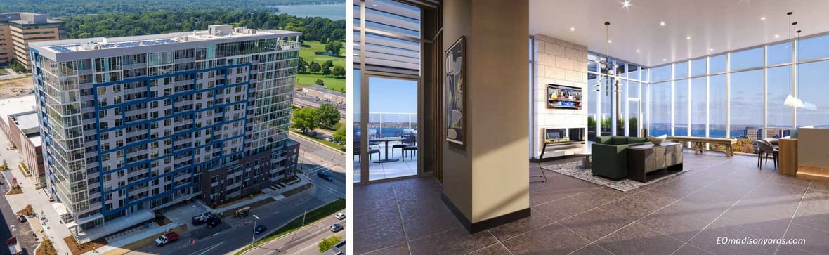 EO Madison Yards Apartments aerial view of high-rise and interior fireplace lobby mixed-use development project building completed by CD Smith Construction