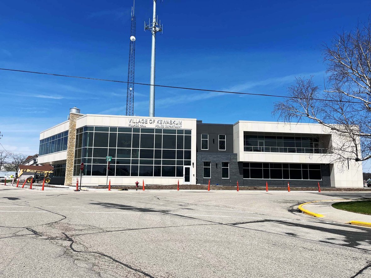 Modern exterior of the Kewaskum Government Center showcasing high-quality commercial construction and community-centered design in Wisconsin.
