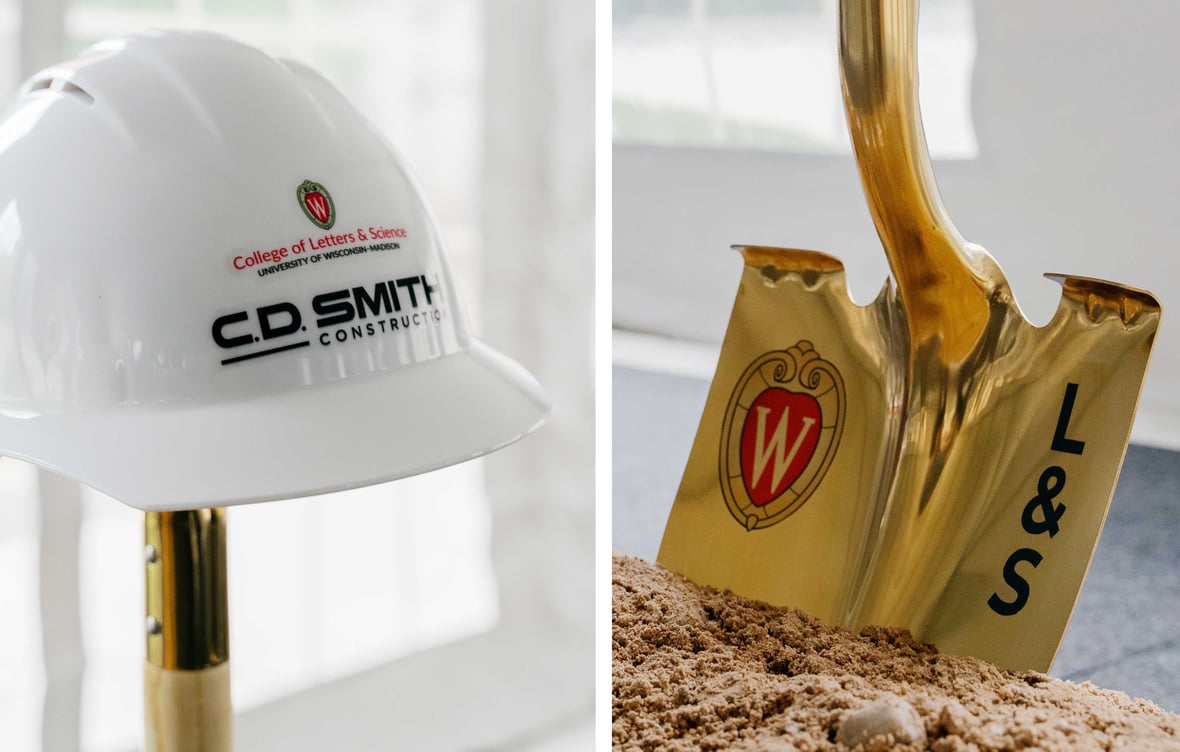 CD Smith Construction hard hat and golden shovel at groundbreaking for UW-Madison Levy Hall project construction