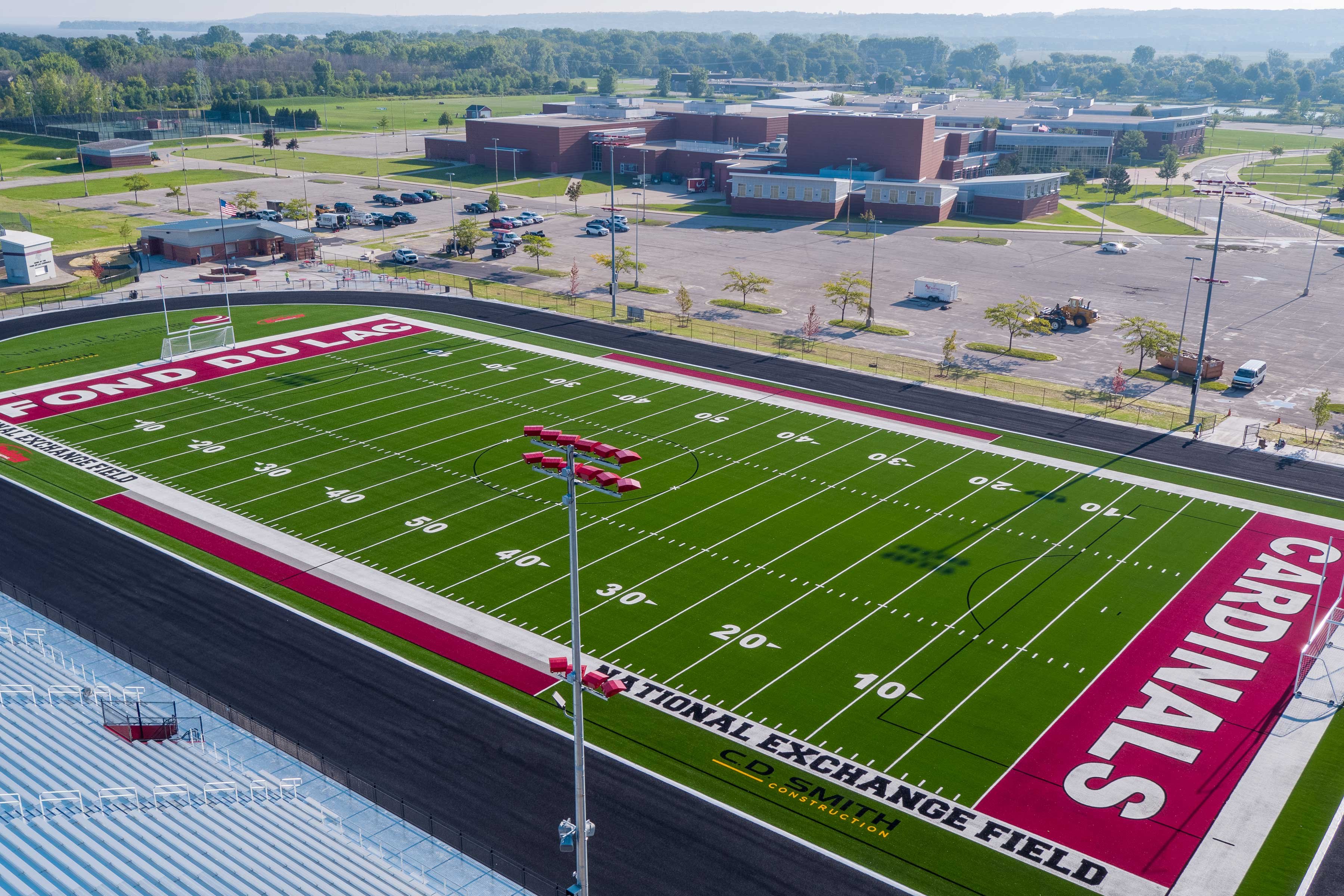 Fond du Lac School District Cardinal Stadium view of field from bleachers built by CD Smith Construction in Wisconsin