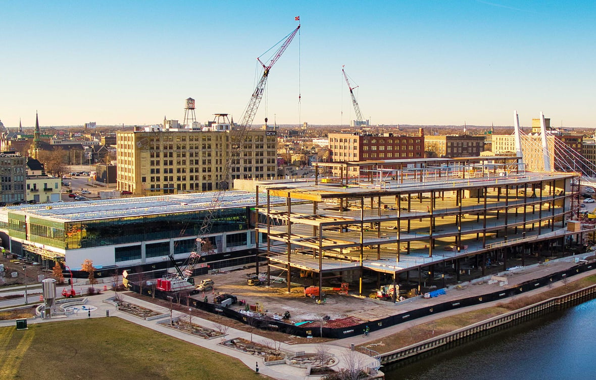 Aerial Footage of C.D. Smith Construction building Rite-Hite Headquarters in Milwaukee, WI