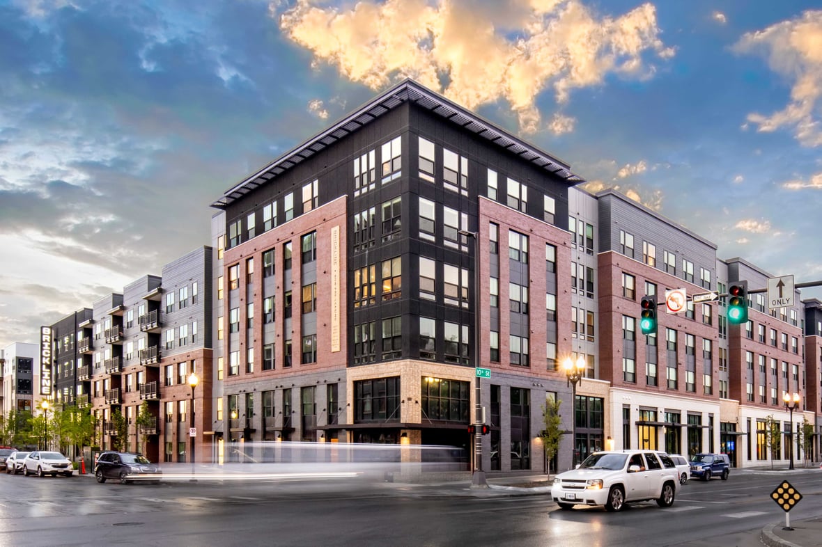 Street view of Brickline at The Mercantile apartment building facade in Omaha Nebraska with CD Smith Construction Manager