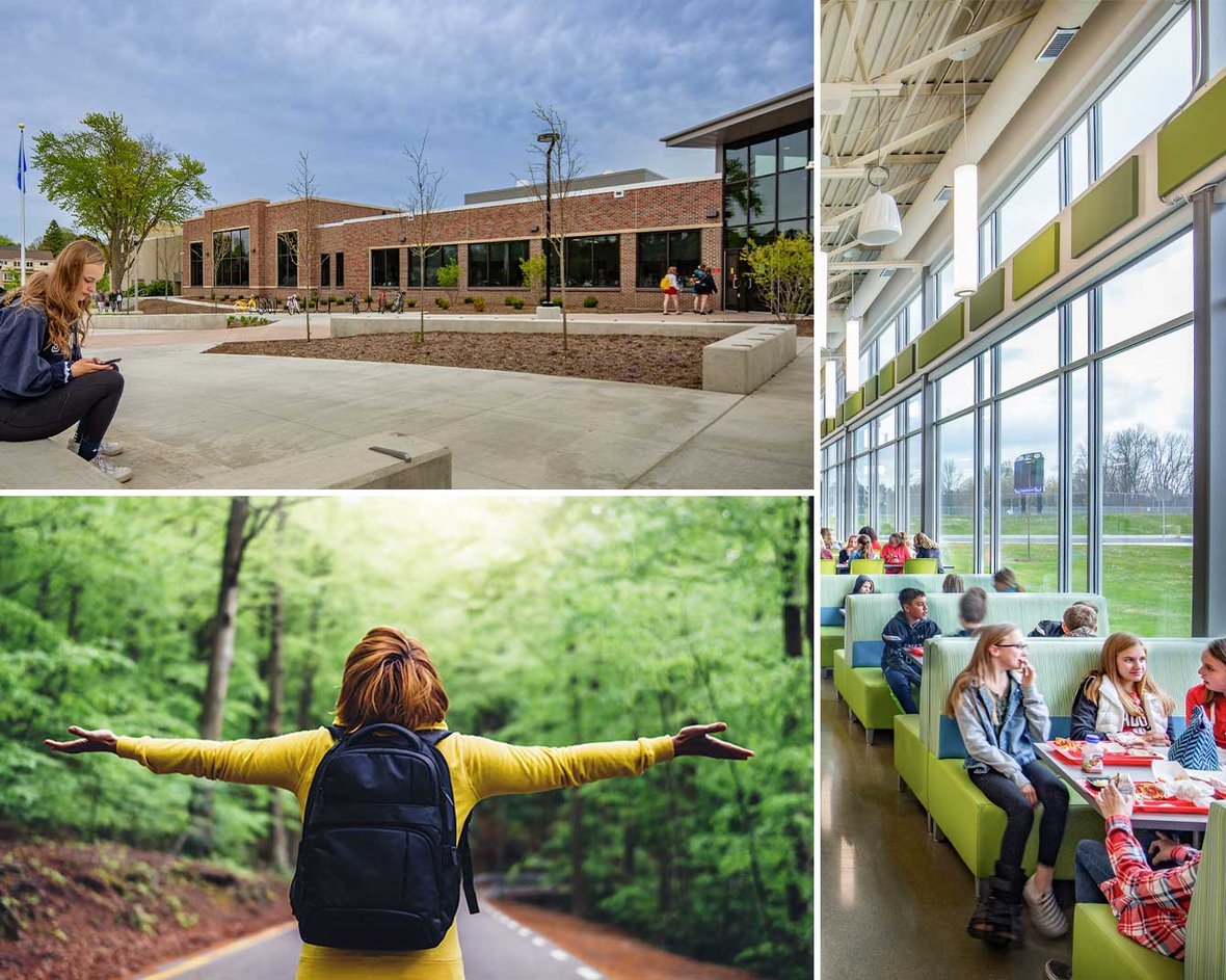 Exterior facade of modern school building and new construction of cafeteria completed education project