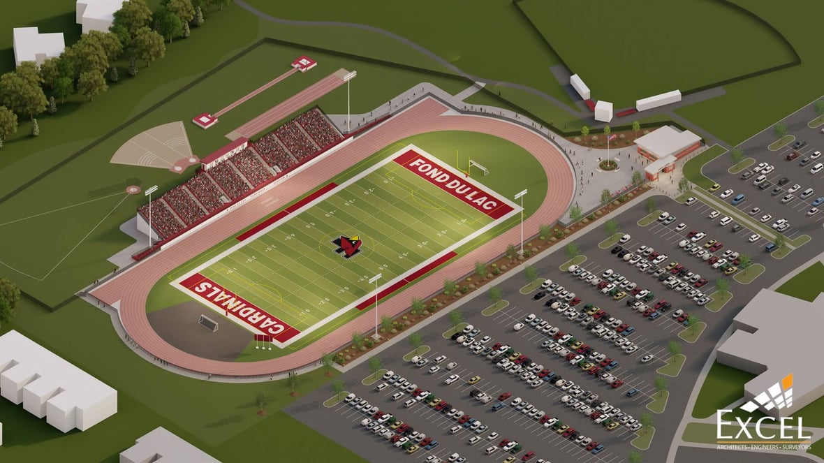 Excel Engineering Rendering of Fond du Lac School District Cardinals Stadium to be build by C.D. Smith Construction