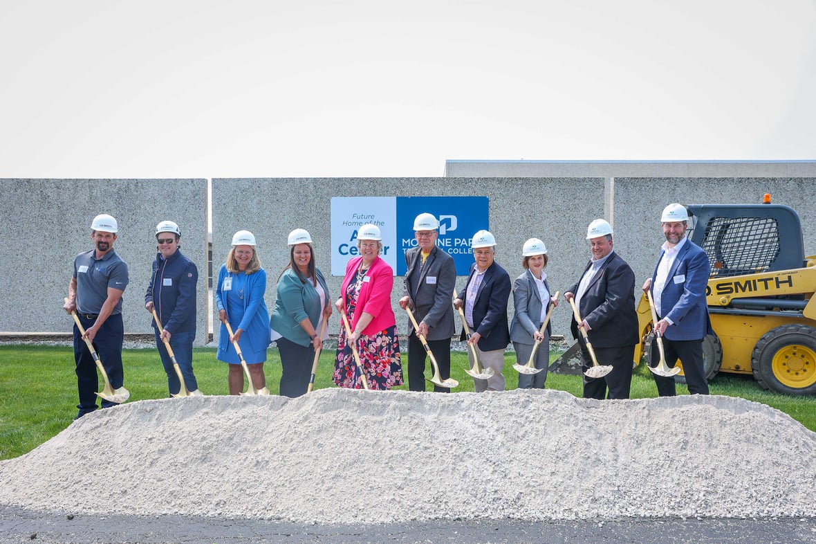 Groundbreaking participants pose with shovels at construction groundbreaking for AIR Center at Moraine Park Technical College