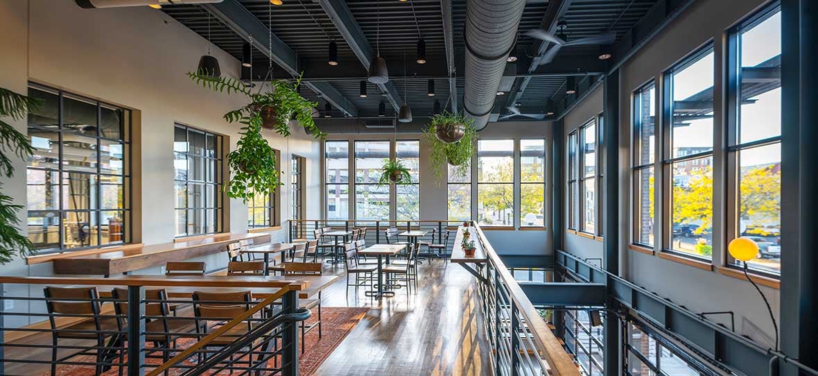 La Crosse Distillery modern industrial upstairs interior dining built by C.D. Smith Construction Manager