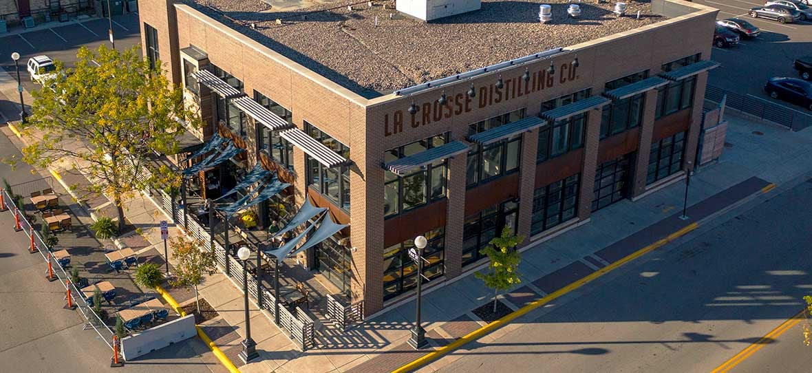 La Crosse Distillery drone aerial exterior photography of building C.D. Smith Construction Manager