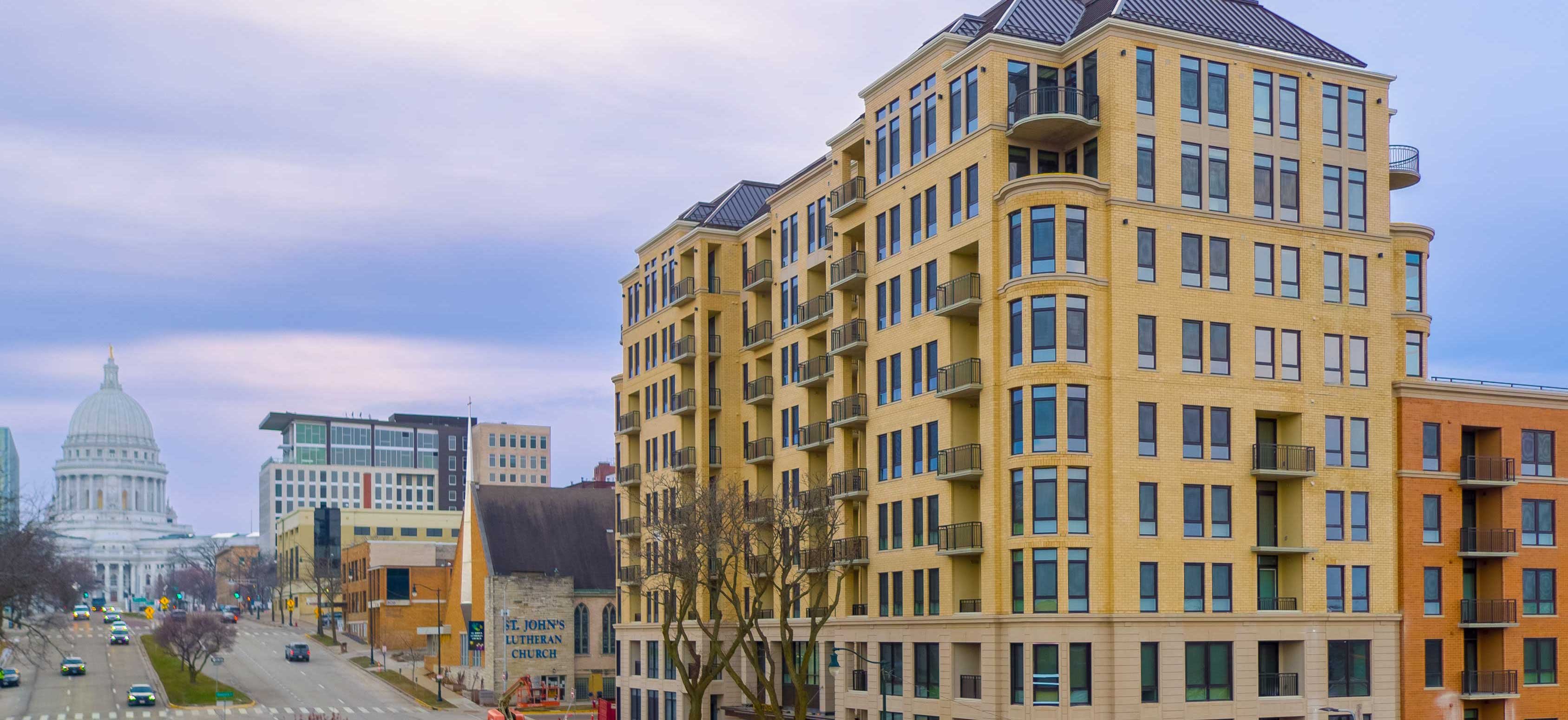 The Continental Luxury Apartments build by CD Smith Construction with Wisconsin state capitol in Madison background 01