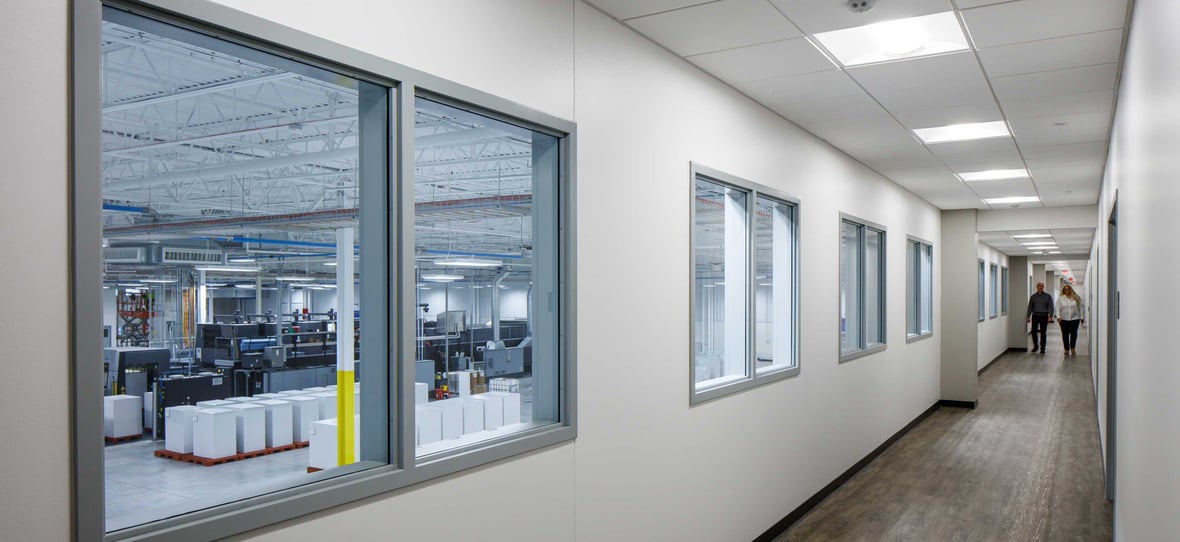 Green Bay Packaging Folding Carton Facility Industrial Interior observation and viewing platform to production areas in De Pere Wisconsin built by CD Smith Construction